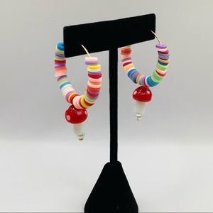 🧡NEW! Earrings Heishi Glass Mushroom Charm Hoop Gold Tone Multicolor